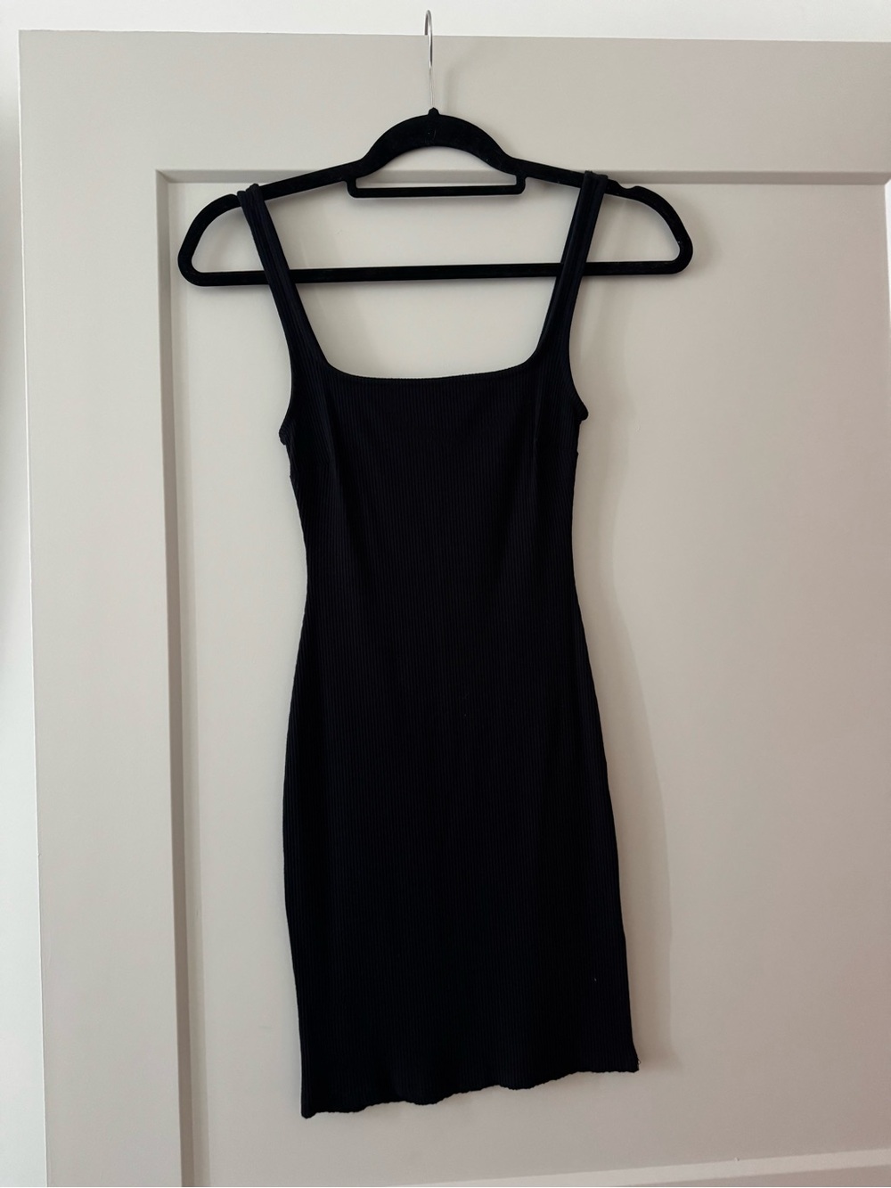 Black Ribbed Square-Neck Bodycon Dress